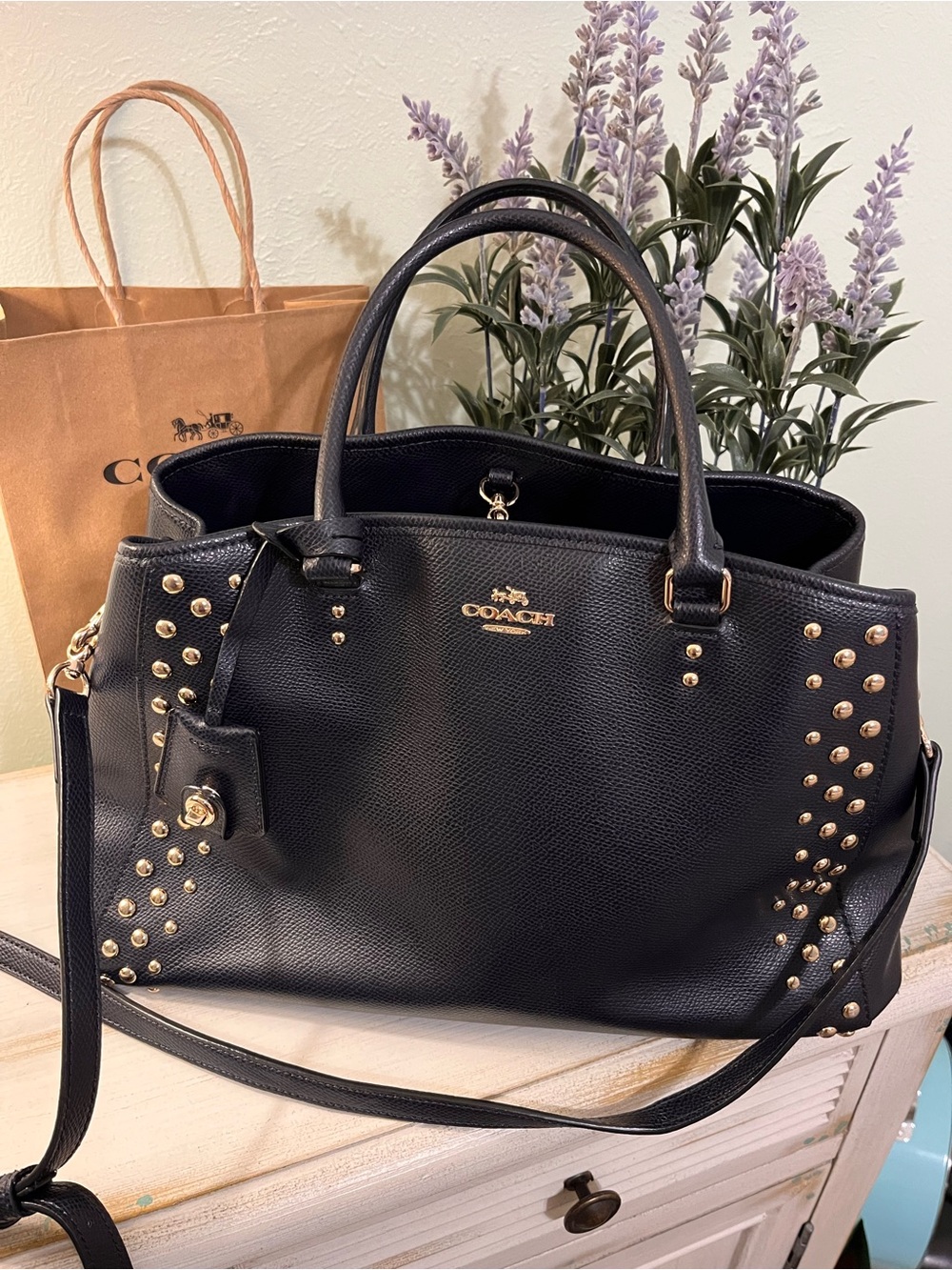 Coach Margot Studded Carryall Midnight Blue Leather F35274 Excellent Condition - Picture 2 of 13